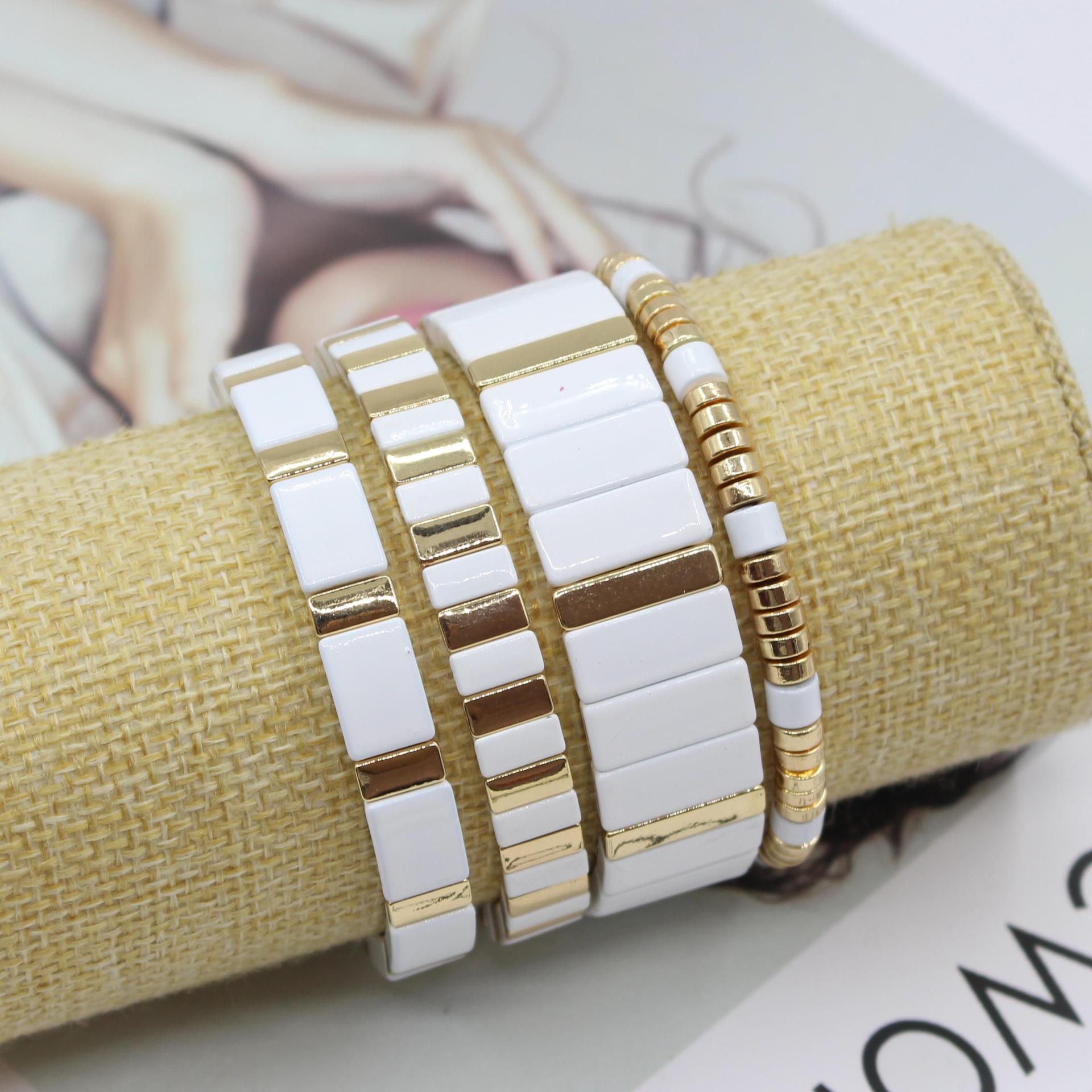 Ceramic Link Bracelet - 보헤미안 에나멜 화이트 차가운 바람 스태킹