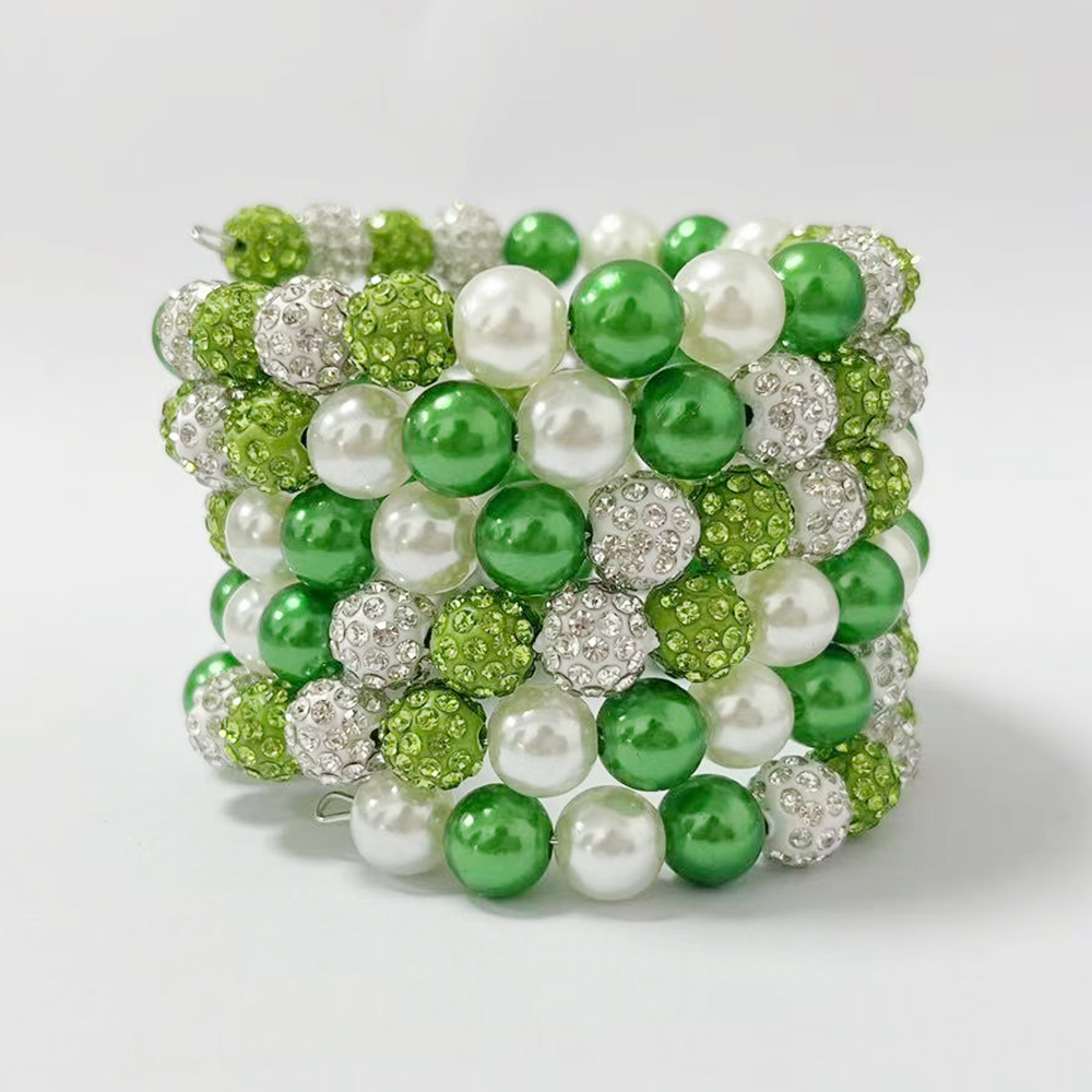 Ceramic Link Bracelet - 레이어드 디자인의 녹색과 흰색 비즈 팔찌