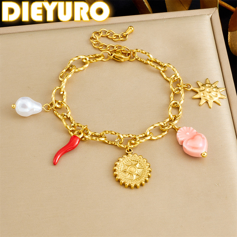 Ceramic Link Bracelet - DIEYURO 316L 스테인레스 스틸 골든 라운드